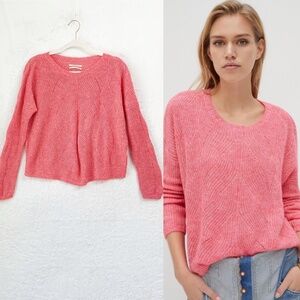 Anthropologie Keely Loose Cable Knit Cotton Wool Blend Fuzzy Sweater Pink Sz S
